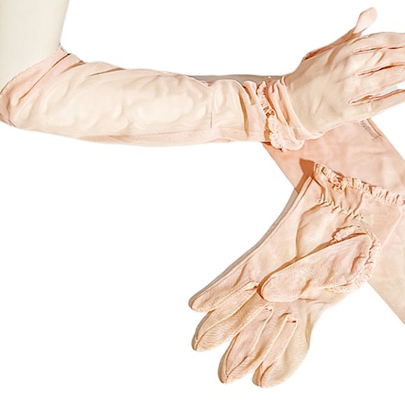Vintage Accessories - 1950s Vintage 2 Piece Peachy Pink Net Gloves With Ruffles Long and Short Style.